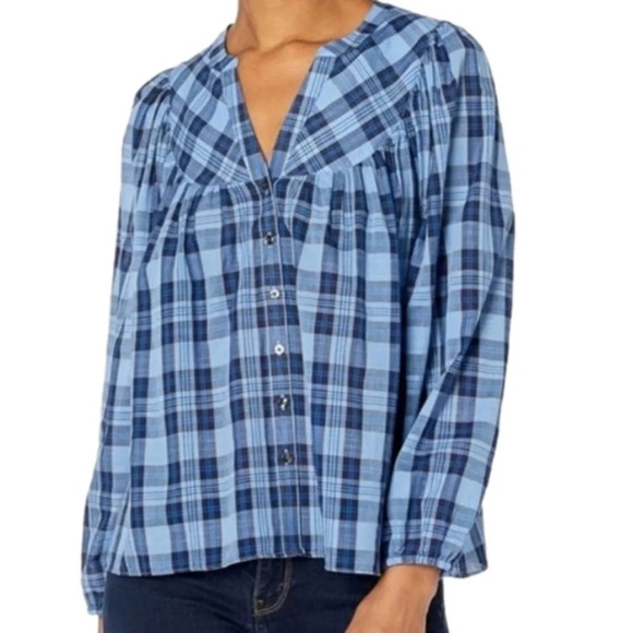 Draper James Midnight Plaid Pleated Puff Shoulder Blouse Top XL NWT - Picture 2 of 6